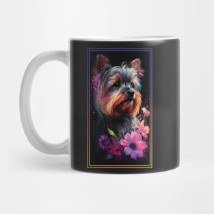 Yorkshire Terrier Dog Vibrant Tropical Flower Tall Digital Oil Painting Portrait Mug